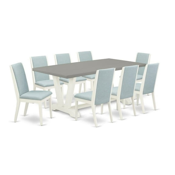East West Furniture V097LA015-9 9-Piece Stylish Dinette Set a Superb Cement Color dining table Top and 8 Beautiful Linen Fabric Parson Chairs with Stylish Chair Back, Linen White Finish