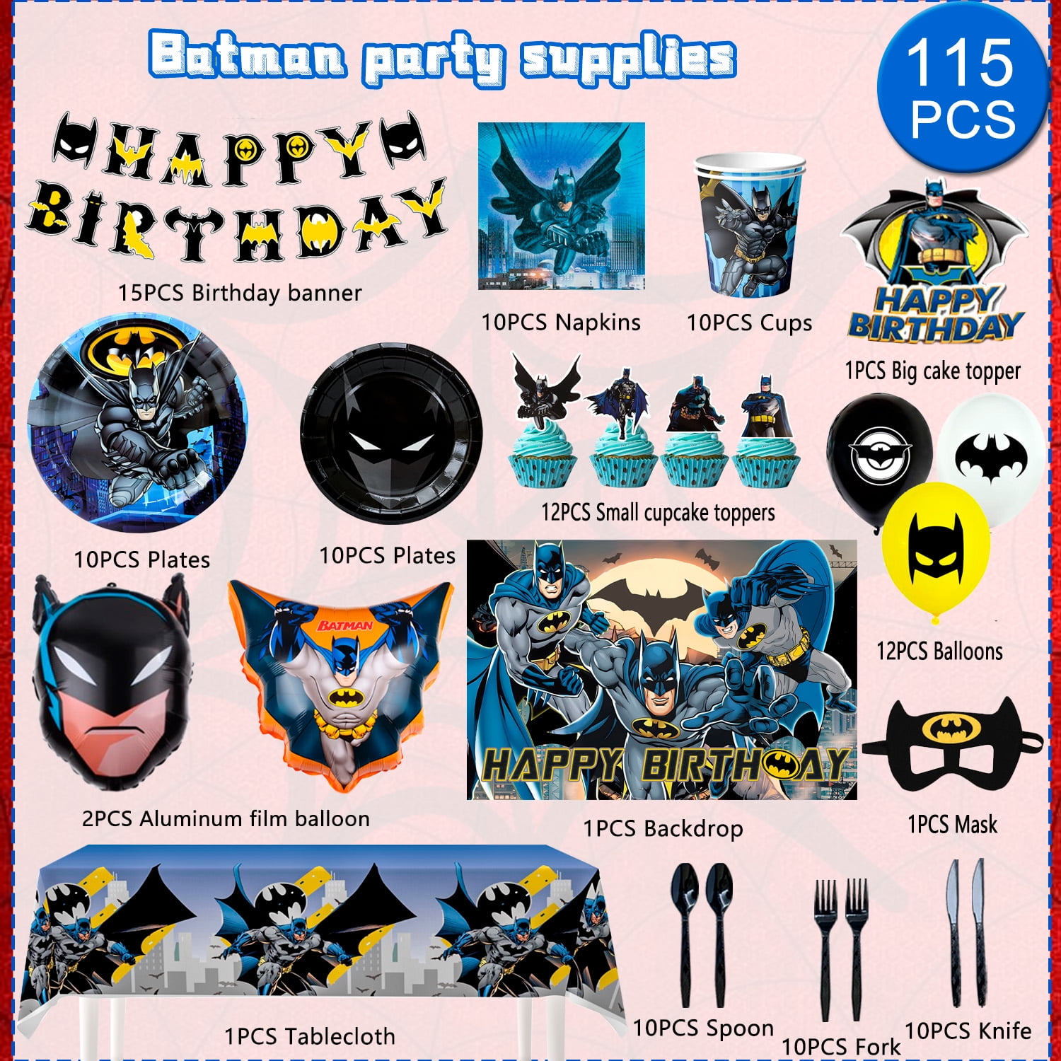 Batman Party Decorations,Batman Birthday Decorations & Batman Party Tableware Set- Batman Decorations Balloons Banner & Batman Tablecloth Plates Cups Napkins etc Batman Birthday Party Supplies