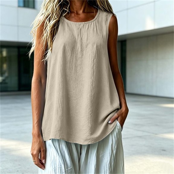 IUYRTFE Women Round Neck Sleeveless Tank Top with Side Slits Loose Fit Casual Summer Blouse