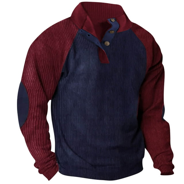 Besolor Mens Corduroy Sweatshirts Color Block Lapel Collar Button up Pullover Mock Neck Long Sleeve Sweaters Tops