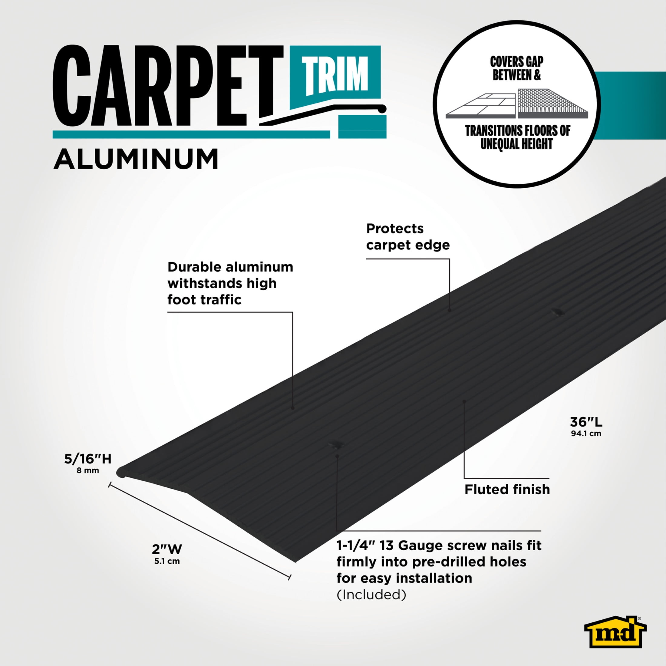 M-D Building Products 66271 2 in. x 36 in. Matte Black Aluminum Carpet Trim w/ Screw Nails