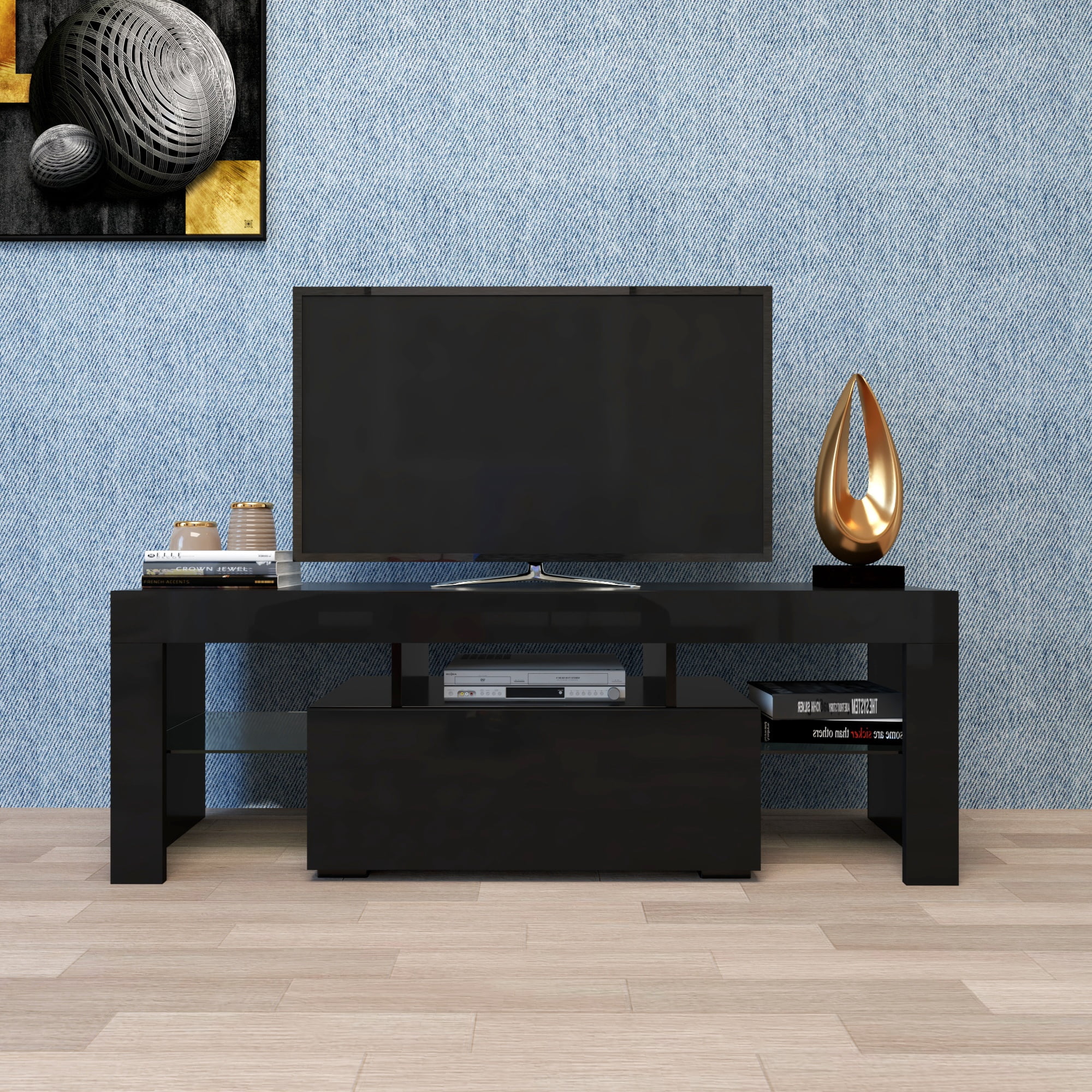 YWEN 51'' LED TV Stand, High Glossy Modern Entertainment Center with LED Lights and Storage for 40/43/50/55 Inch TV (Black, 51'' x 14'' x 18'')