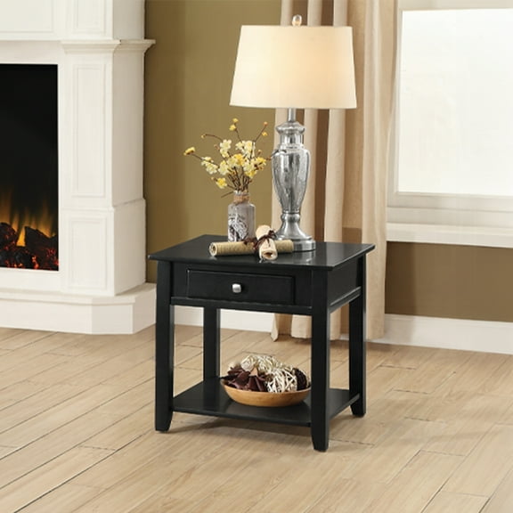 Dtwnek 1 Drawer End Table with Bottom Shelf, Black