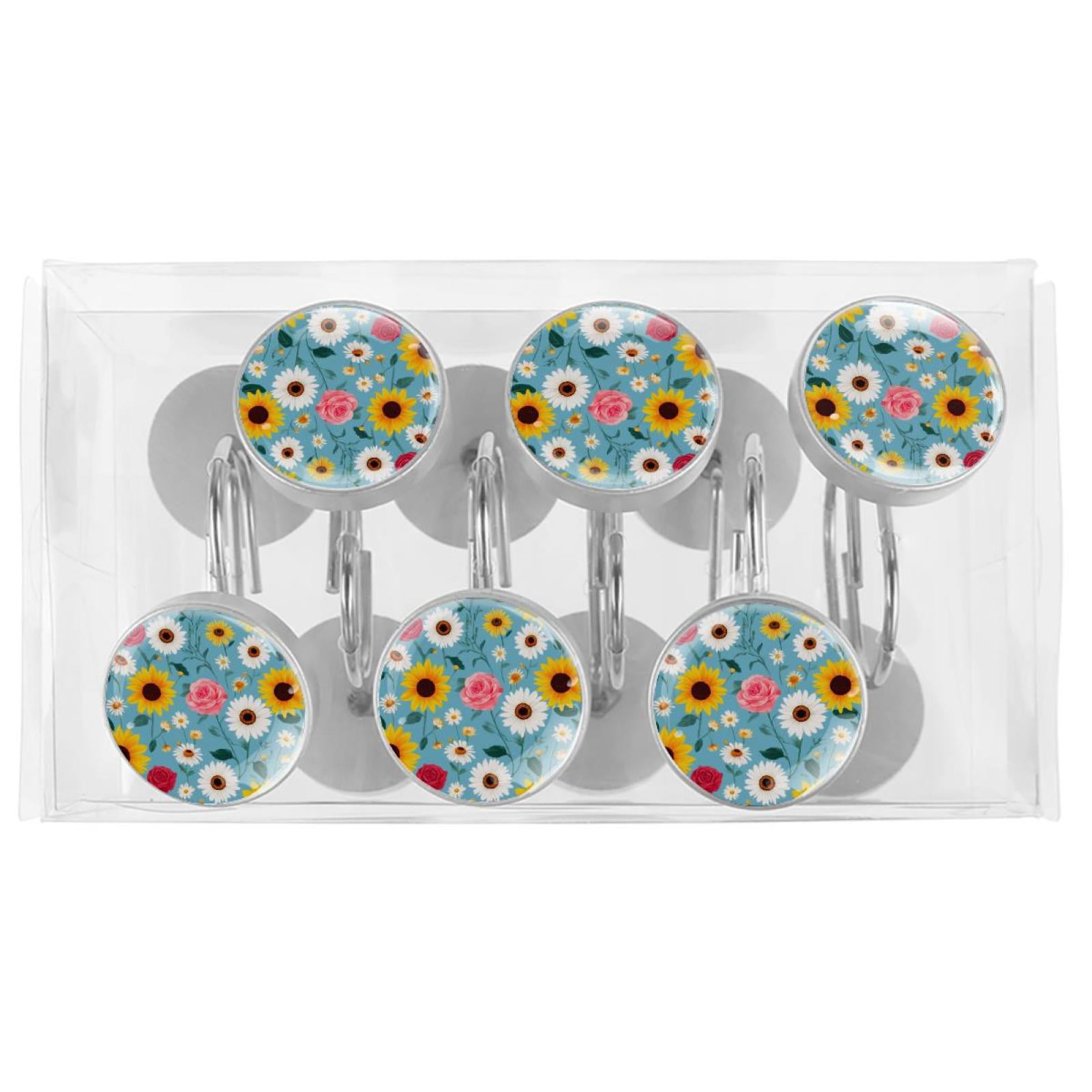 12pcs Decorative Shower Curtain Hooks, Rust Resistant Shower Rings for Bathroom Living Room,Rustproof Stainless Steel Rings for Shower Curtain and Liner Rods,Bohemia Style Flowers