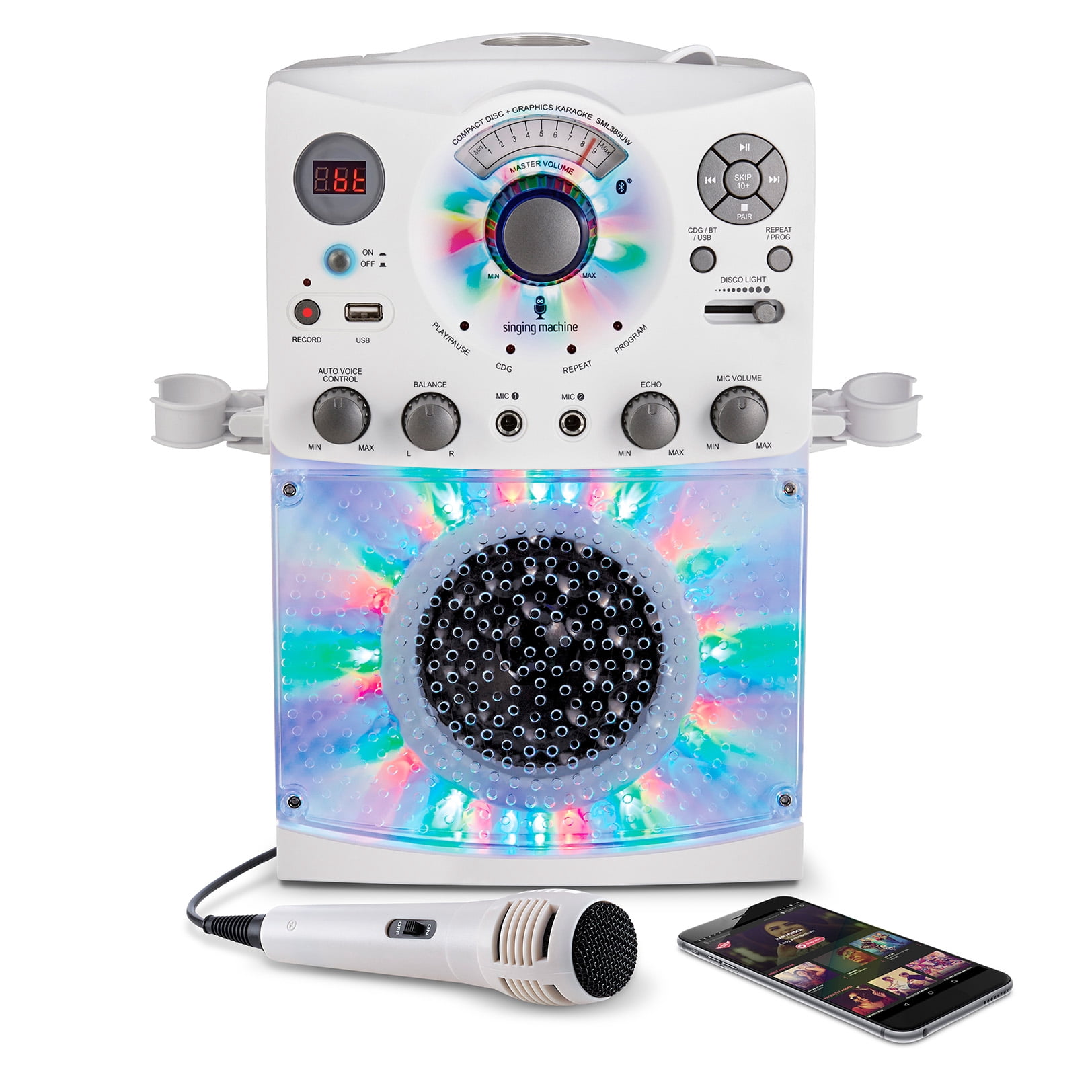Singing Machine SML385UW Bluetooth Karaoke System with LED Disco Lights, CD+G, USB, and Microphone, White