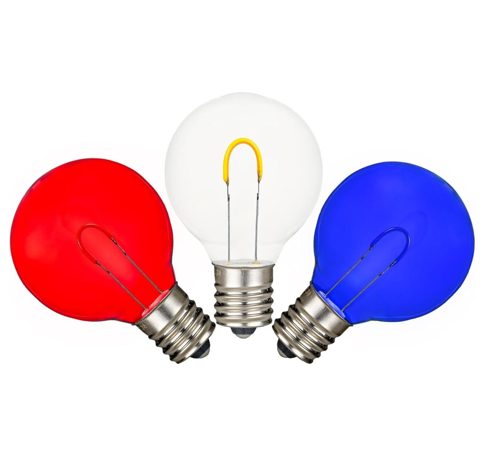 25 Pack G40 LED Glass Flex Filament Outdoor Patio Globe Replacement Bulbs, Red/White/Blue, Dimmable, E12/C7 Base, 0.8 Watt