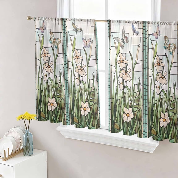 Teal Spring Floral Semi Sheer Window Curtains 45 Inches Long, Summer Butterfly Farmhouse Rod Pocket Voile Silky Chiffon Curtain Light Filtering Drapes for Living Room, Kitchen, 52"x45", 2 Panels