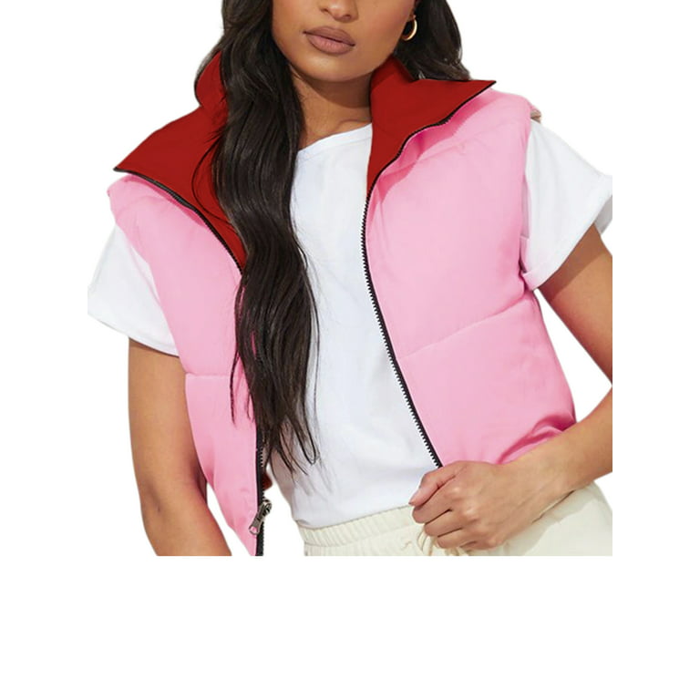 Diconna Women's Quilted Vest Stand Collar Lightweight Zipper Front Jacket  Short Puffer Coat Outerwear Pink M