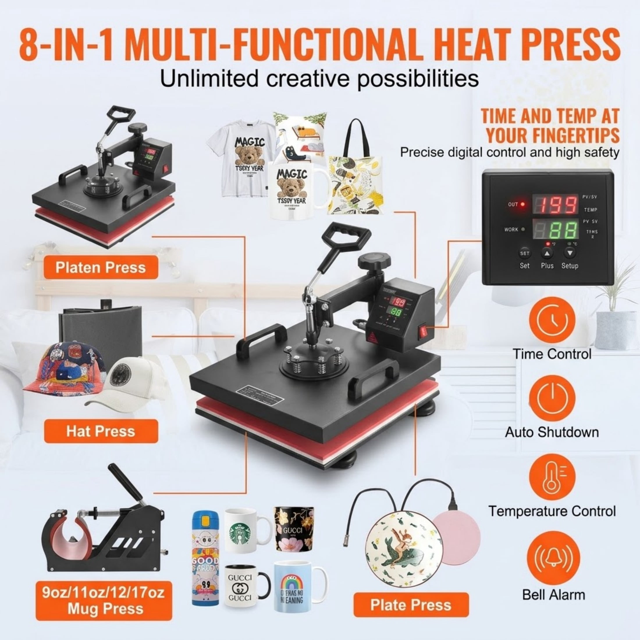 8 in 1 Heat Press Machine 15x15 Inch, Professional 360° Swing Away Sublimation Machine for T-Shirts, Mugs, Hats and Vinyl