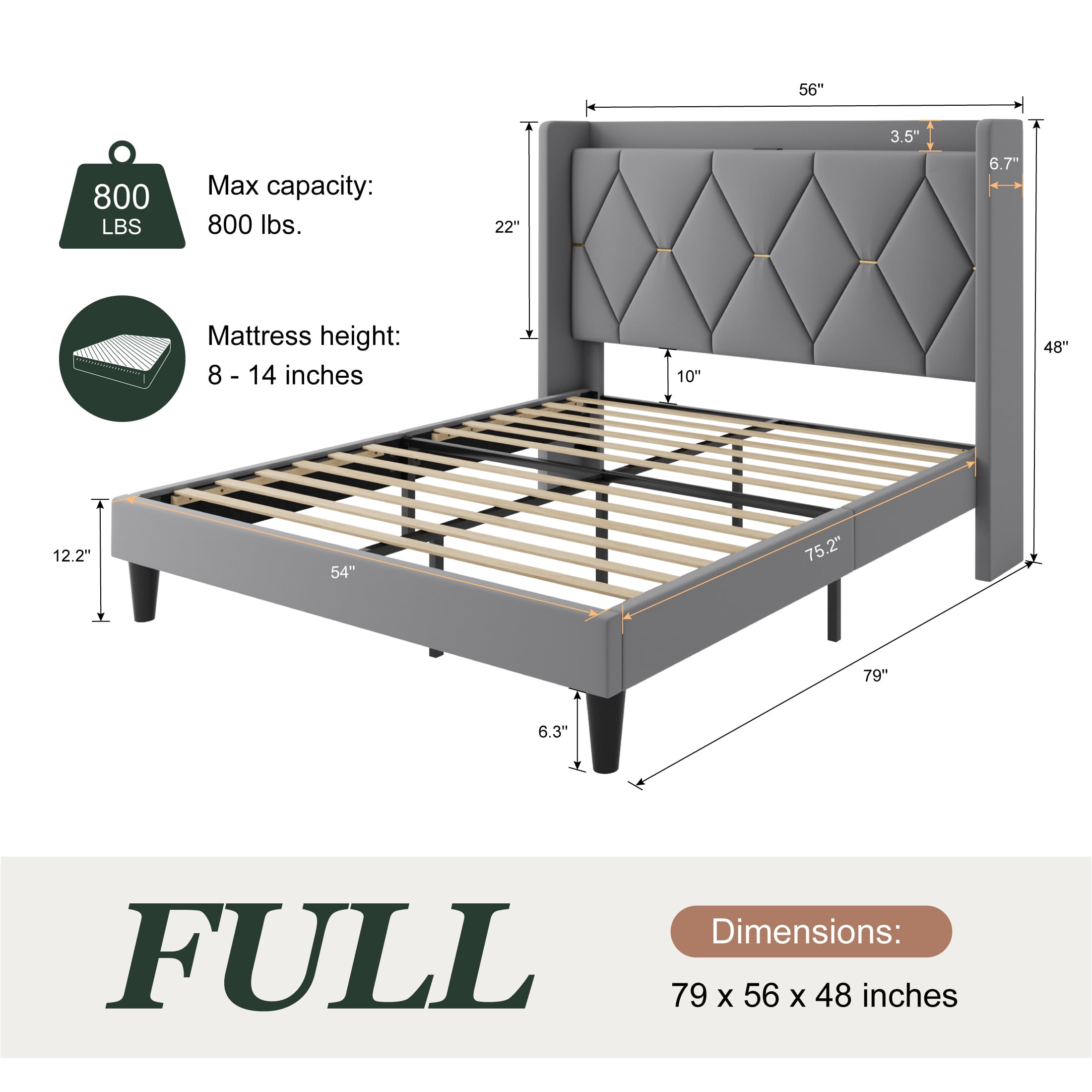 Amolife Full Bed Frame, Upholstered Platform Bed with Storage Wingback Headboard and Fast Charging Hub, No Box Spring Required, Gray