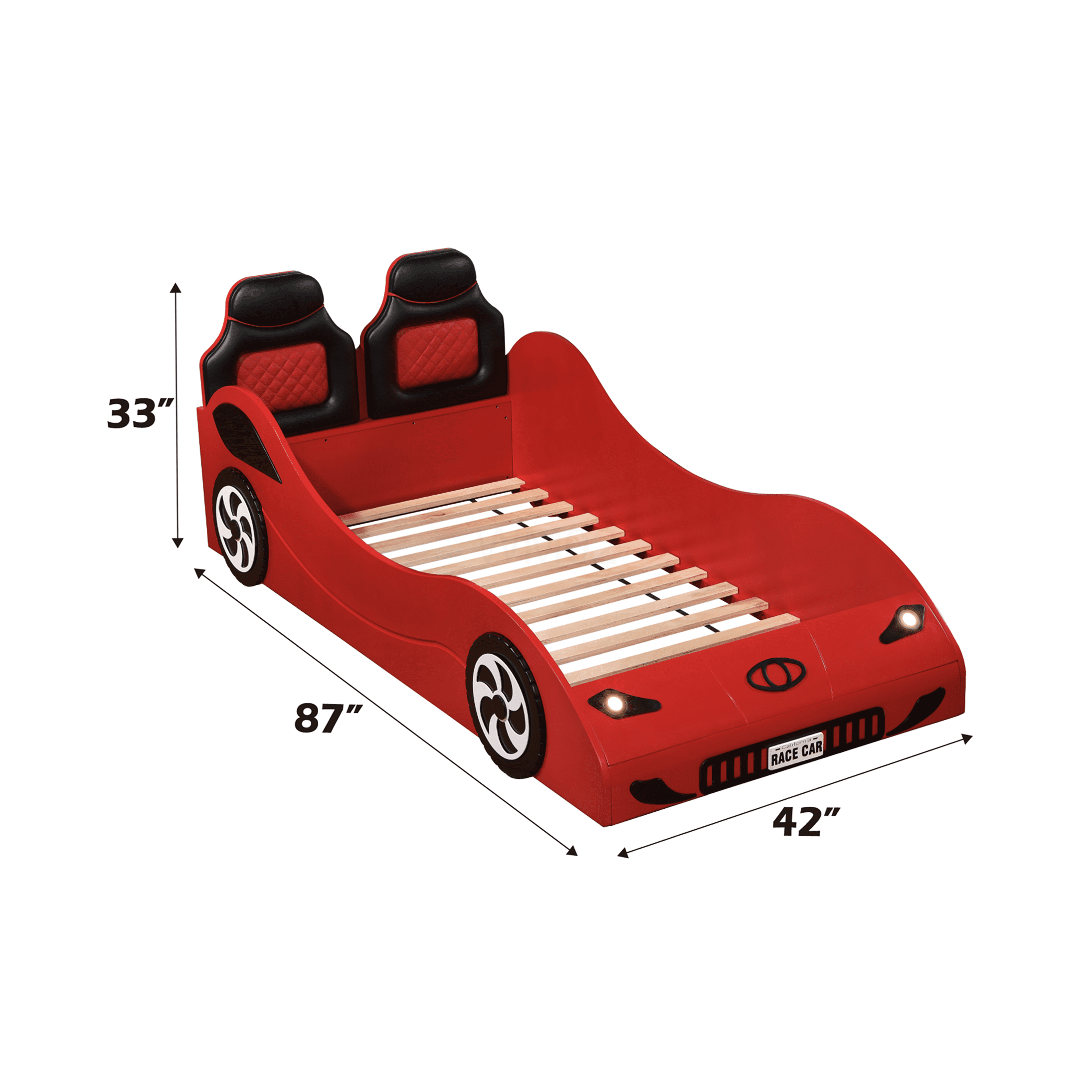 Twin Size Race Car Bed with LED Lights, PU Leather Upholstered Low Profile Platform Bed Frame