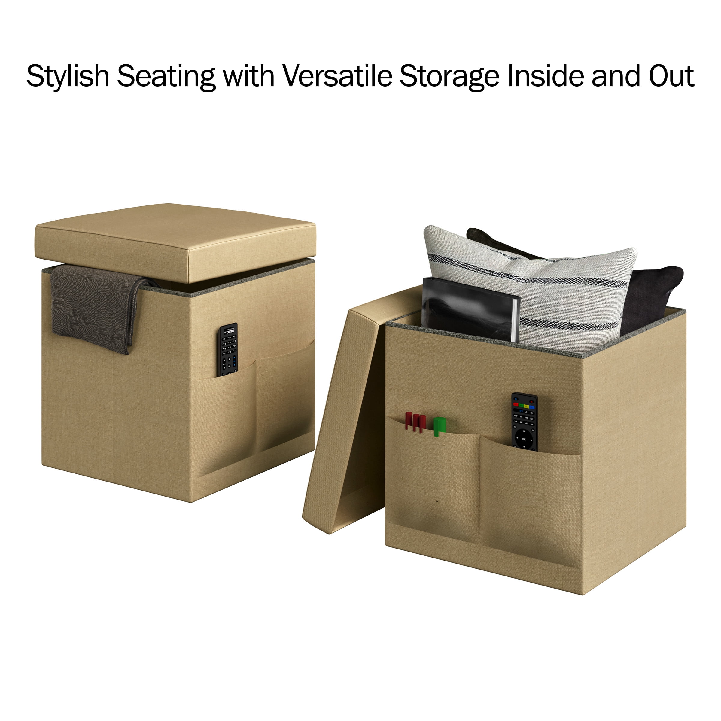 Lavish Home Set of Two 15-inch Foldable Ottomans with Storage Pockets, Beige