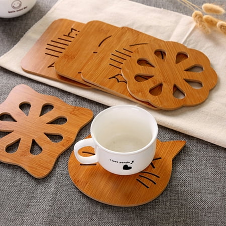 

SPRING PARK Bamboo Hollow Cats Owl Shape Coaster Cup Mat Holder Heat Resistant Coffee Cup Insulation Pad