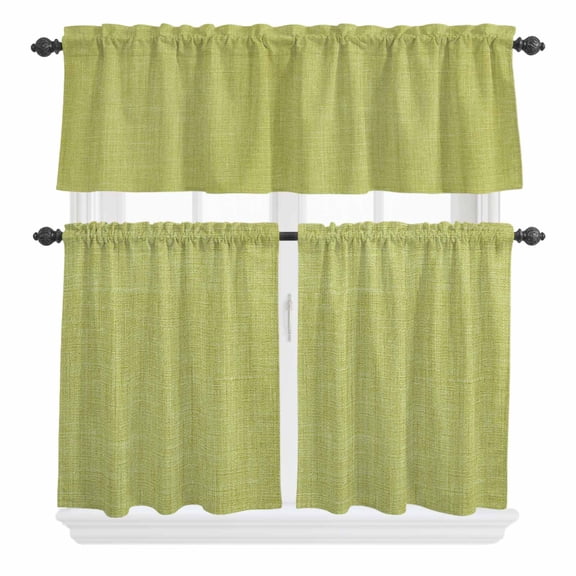 3 Piece Kitchen Curtains and Valances Set Vintage Fruit Green Cafe Curtains 36 Inch Length Farmhouse Retro Solid Color Linen Texture Valance & Tier Curtain for Living Room Bedroom 54"x18" 27"x36"*2
