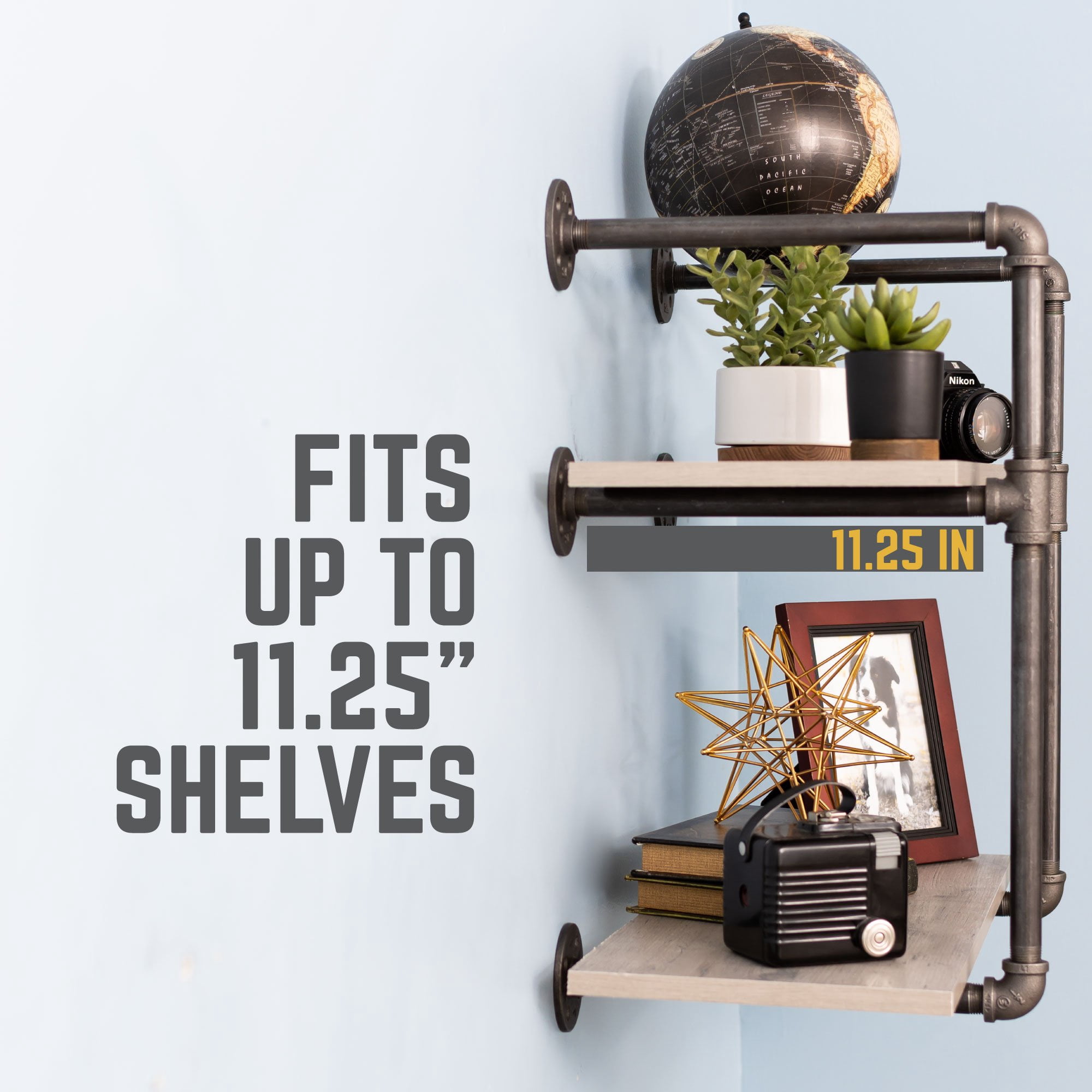 Pipe-Decor.com Rustic Industrial Floating Shelving Distressed Aged Wood and Iron Pipes 2 tier Wall Mounted Hanging Shelf