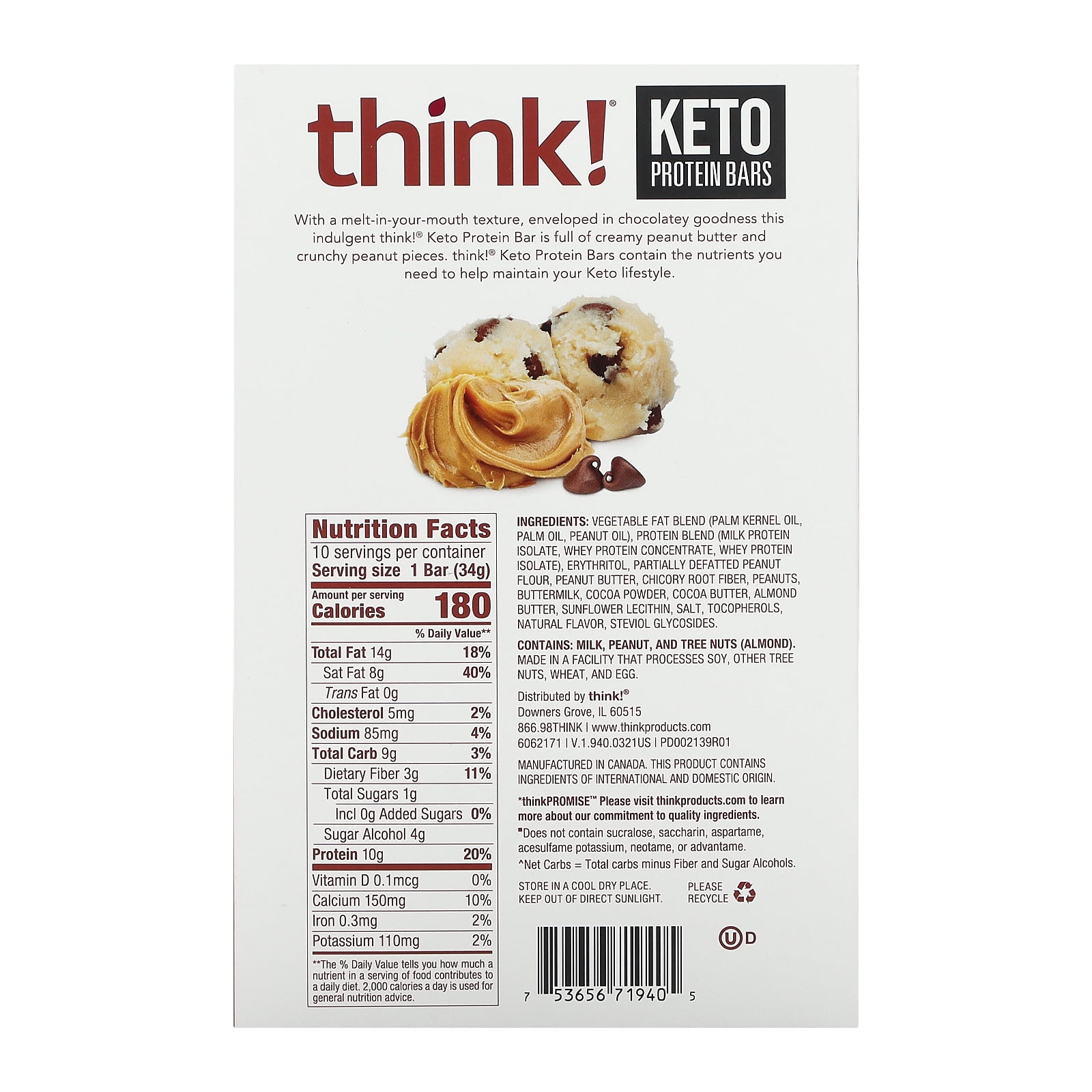 Keto Protein Bars, Chocolate Peanut Butter Cookie Dough, 10 Bars, 1.2 oz (34 g) Each, Think !