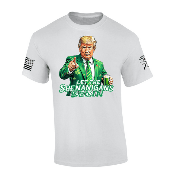 Patriot Pride Men's St. Patrick's Trump Let The Shenanigans Begin Short Sleeve T-Shirt-White-X-Large