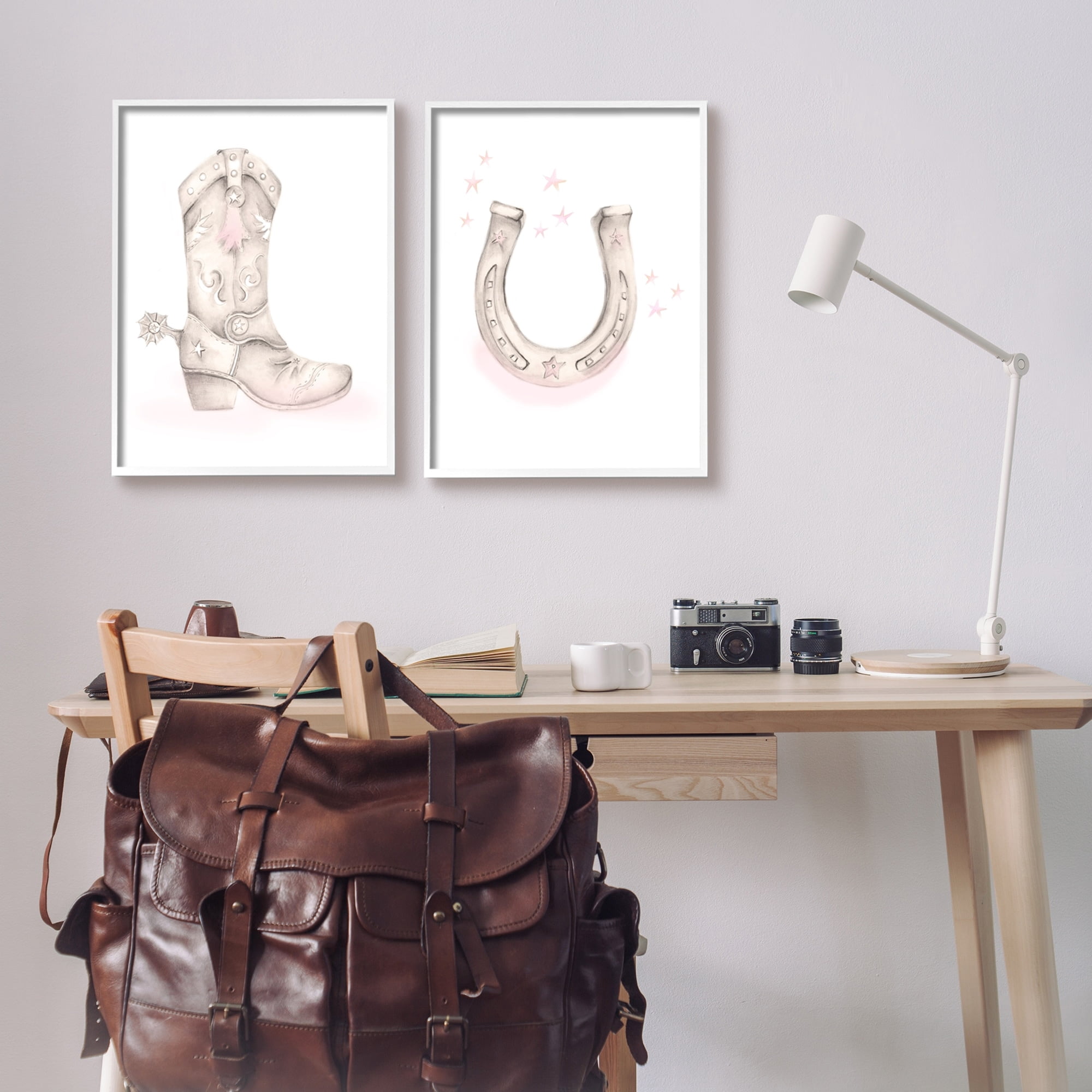 Stupell Industries Cowboy Boot Pink Stars Horseshoe Western Theme Graphic Art White Framed Art Print Wall Art, Set of 2, Design by Studio Q