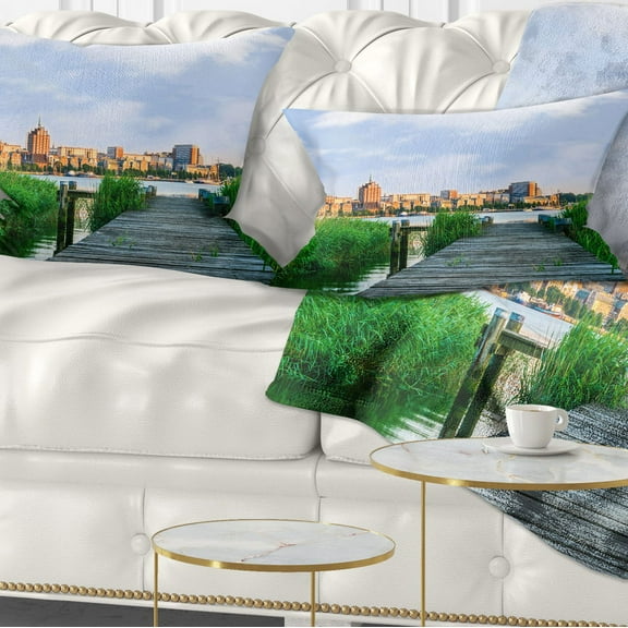 Designart Wooden Bridge to River Warnow - Landscape Printed Throw Pillow - 12x20