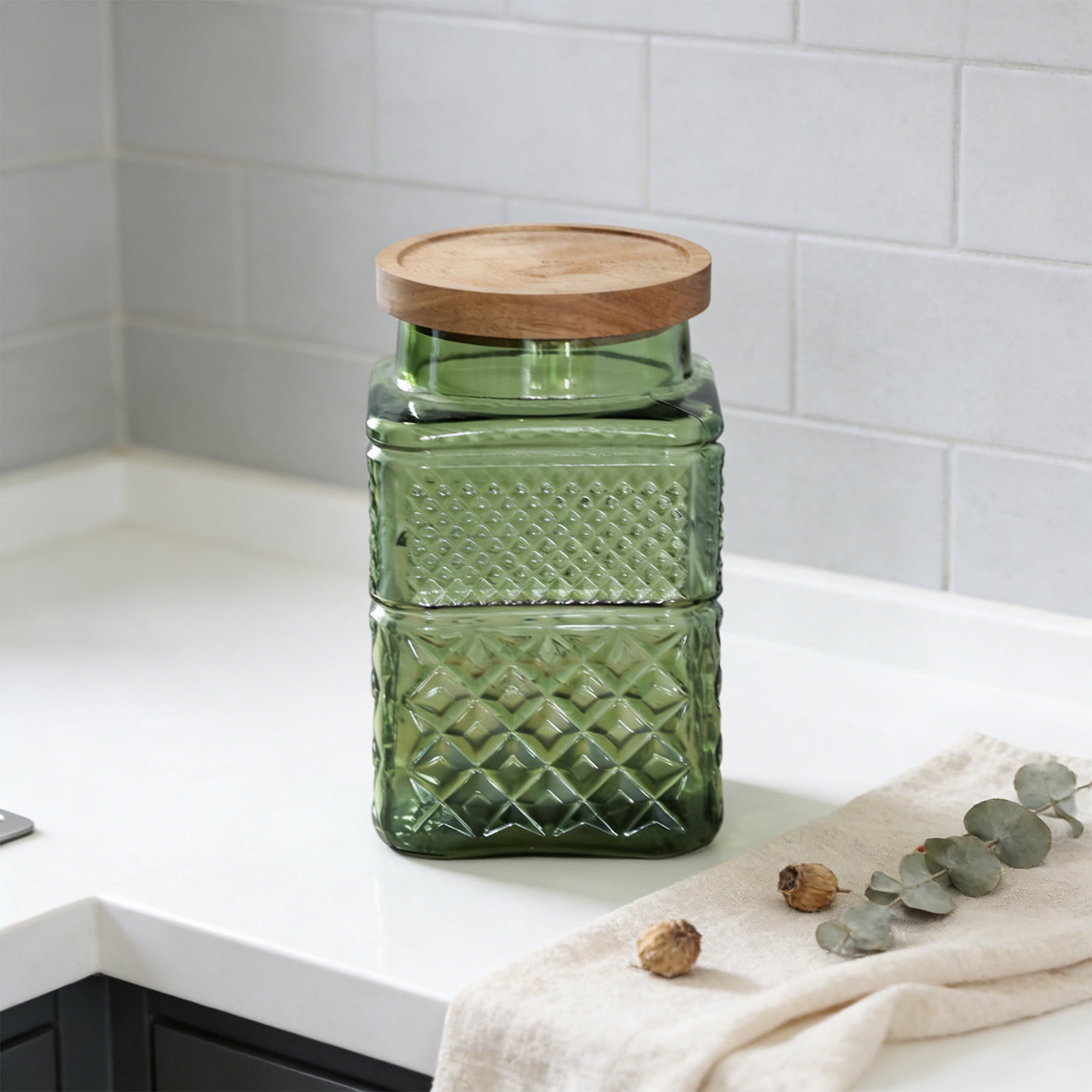 Relief Colored Glass Sealed Jar Kitchen Storage Container – High Borosilicate Food Grade Glass, Airtight Lid, 12.5x11.5x20 cm, Assorted Colors