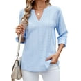 thumbnail image 2 of BadPiggies Women's Blouses V Neck Rolled Up 3/4 Length Sleeve Tops Casual Jacquard Fall Shirts (L, Blue), 2 of 8