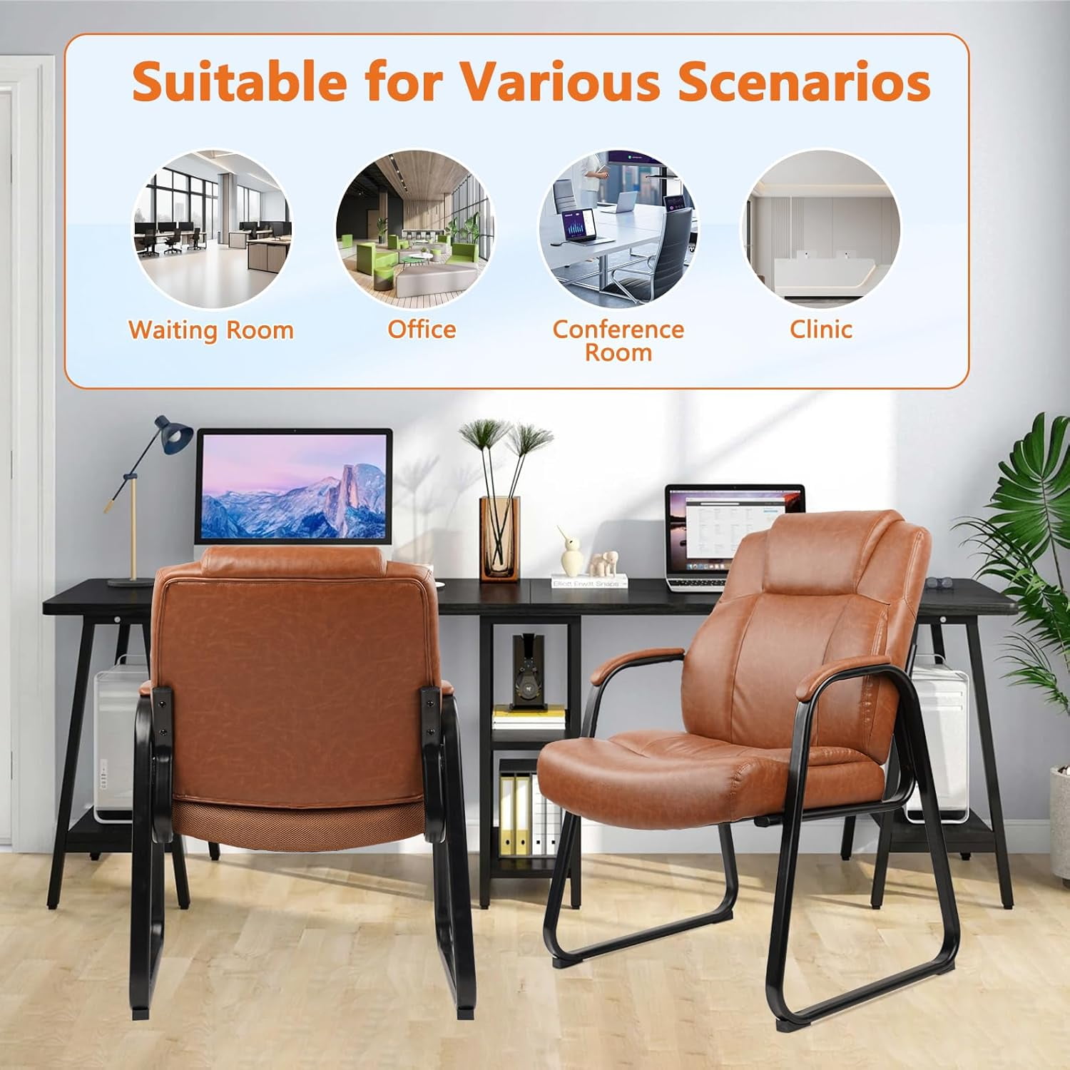 CLATINA Big & Tall 500 lb. Guest Chair, PU Leather Office Reception Chairs with Sled Base, Desk Chair No Wheels for Waiting Room Conference Lobby Computer Living Room, Brown