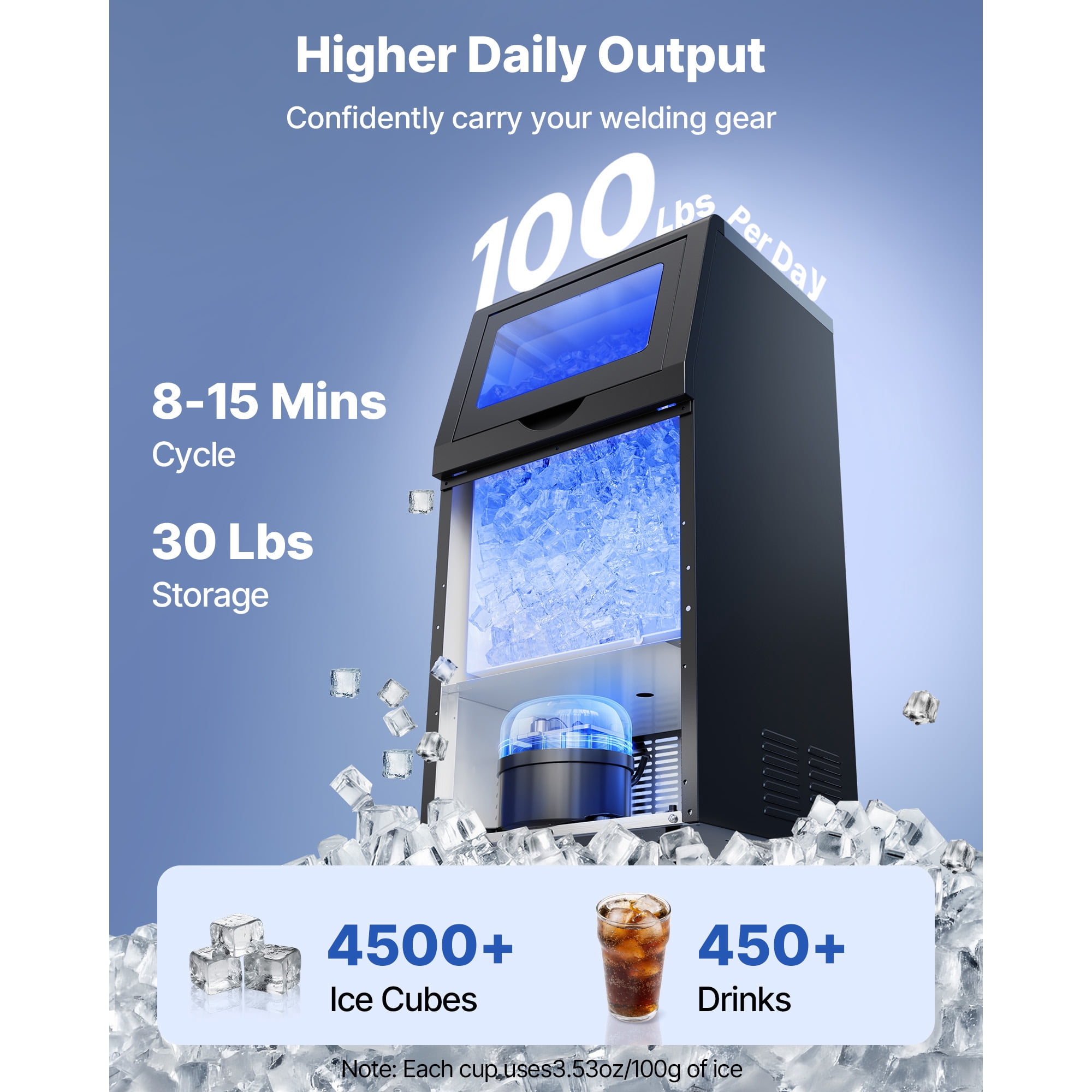 KFFKFF Commercial Ice Maker Machine 100Lbs/24H 30Lbs Storage Stainless Steel LED Self-Cleaning Built-in Freestanding Undercounter Ice Maker for Home Bar Restaurant