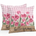 thumbnail image 2 of Throw Pillow Covers 16x16 Inch Set of 2, Hello Spring Waterproof Outdoor Pillow Covers, Pink Tulip Flowers Farmhouse Buffalo Plaid Wooden Decorative Cushion Pillowcases for Couch, Sofa, Bed, Patio, 2 of 9