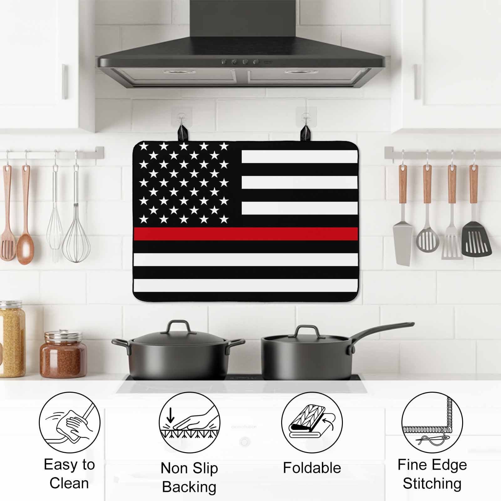 Red American Flag Stove Top Cover for Electric Stove, Heat-proof & Non Slip Glass Top Stove Cover Protector, Black White Striped US Flag Stars Kitchen Flat Cooktop Rubber Mat 28.5x20.5 Inches