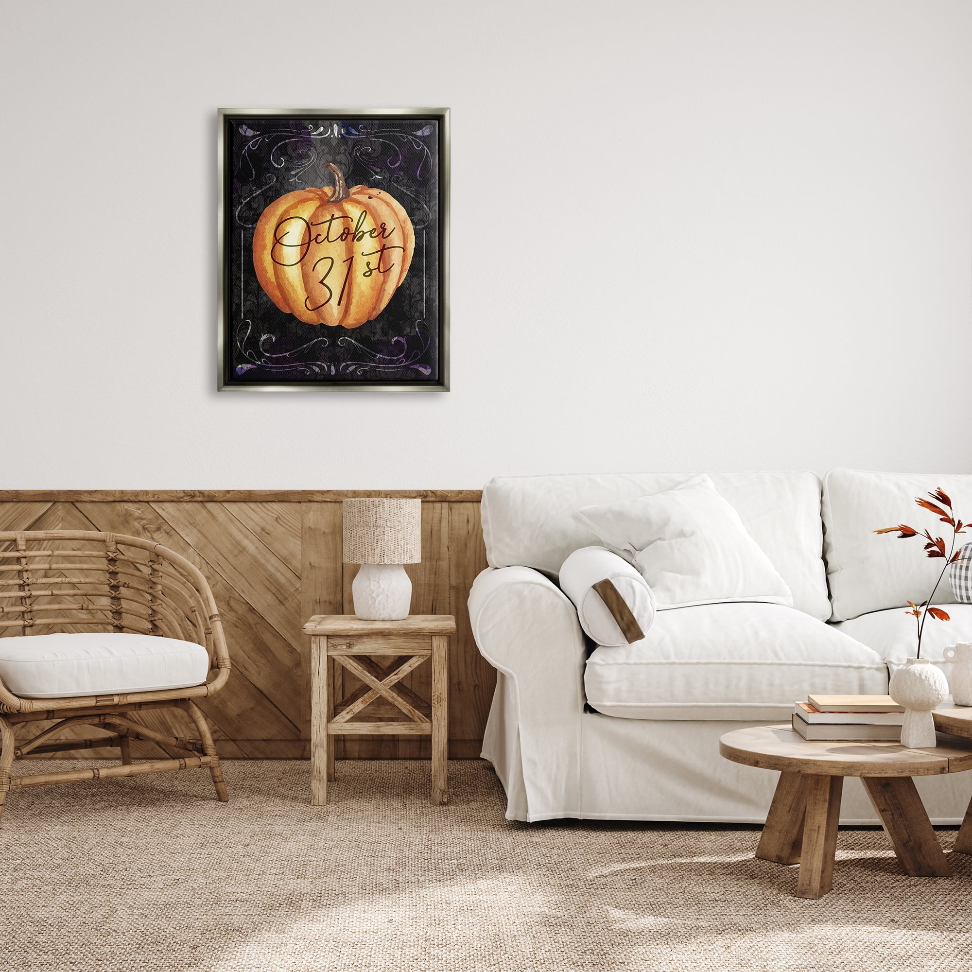 Stupell Industries October 31st Halloween Pumpkin Holiday Painting Gray Floater Framed Art Print Wall Art