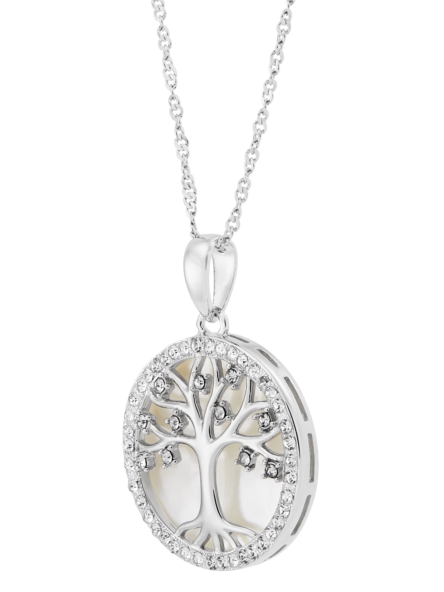 Brilliance Fine Jewelry Round Mother of Pearl and Crystal Accented Family Tree Pendant in Sterling Silver, 18"