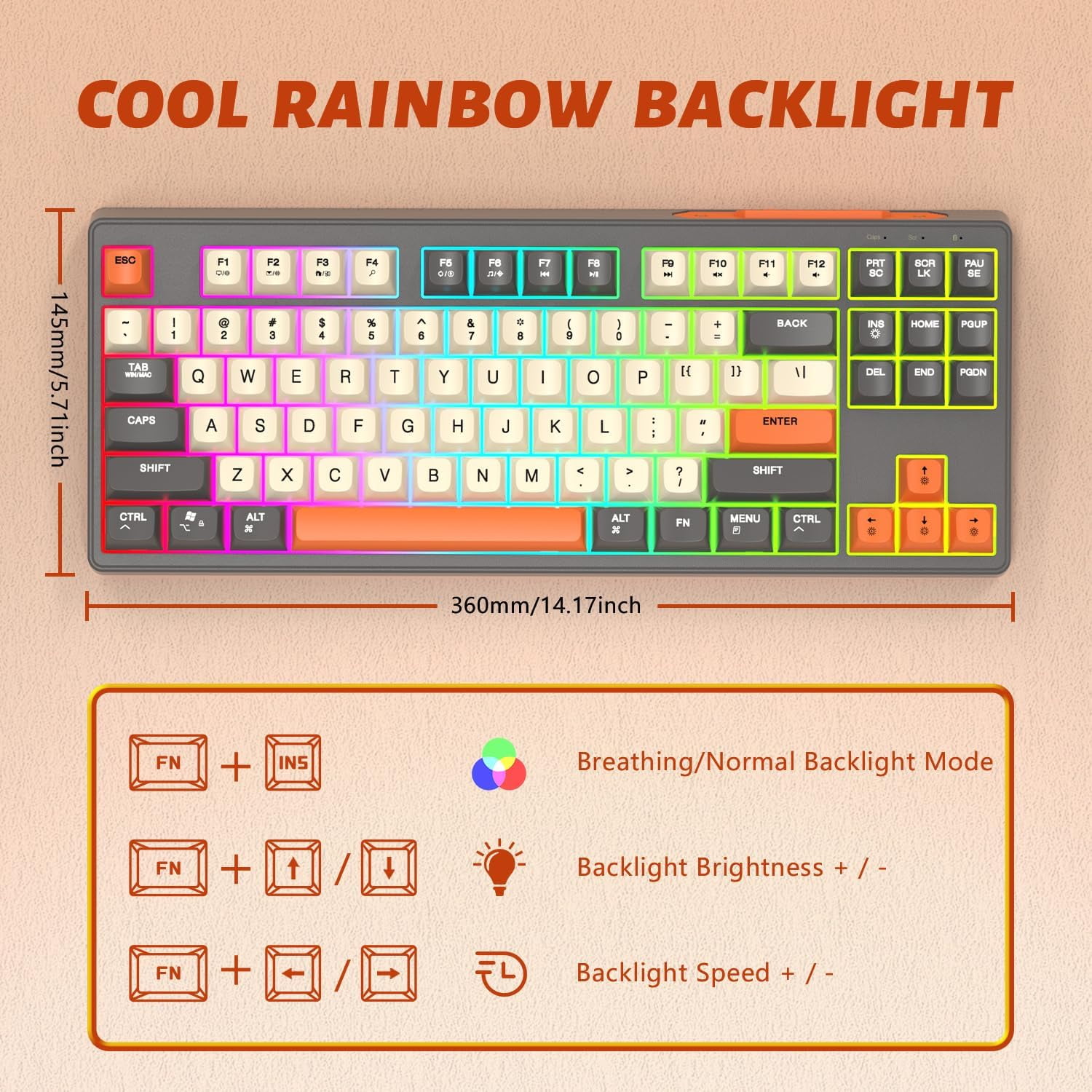 FREEWOLF M68 60% Wireless Gaming Keyboard, Bluetooth/2.4GHz/ Wired Tri-Mode Membrane Keyboard, PBT Keycaps, 2000mAH, 67 Keys Rainbow LED Backlit for PC Win/Mac