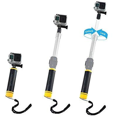 waterproof telescopic pole and floating hand grip in one - for gopro hero 5, black, session, hero 4, session, black, silver, hero+ lcd, 3+, 3, 2, 1 - extendable from 6.7 to 15.7 - cradle for (Best Pole For Gopro Hero 5)