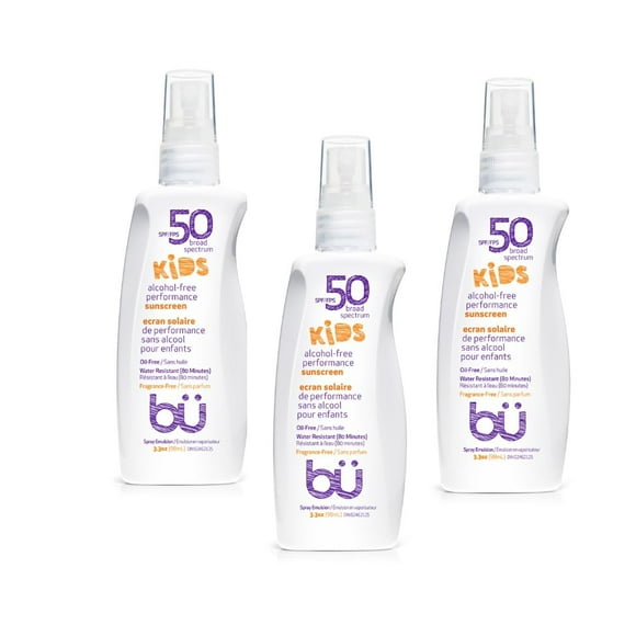 Protector solar en spray para niños SPF 50 de Bu - Tamaño de viaje Fórmula orgánica para pieles sensibles - Sin fragancia, sin aceite, no graso, no comedogénico, resistente al agua (3.3 onzas - paquet
