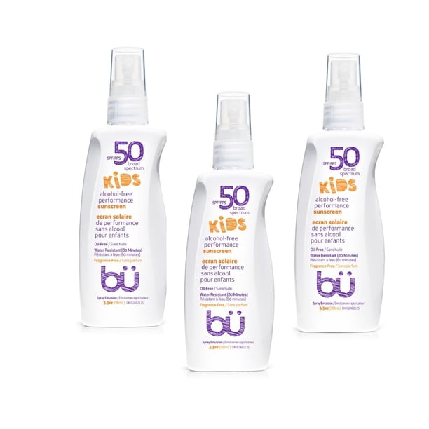Protector solar en spray para niños SPF 50 de Bu - Tamaño de viaje Fórmula orgánica para pieles sensibles - Sin fragancia, sin aceite, no graso, no comedogénico, resistente al agua (3.3 onzas - paquet