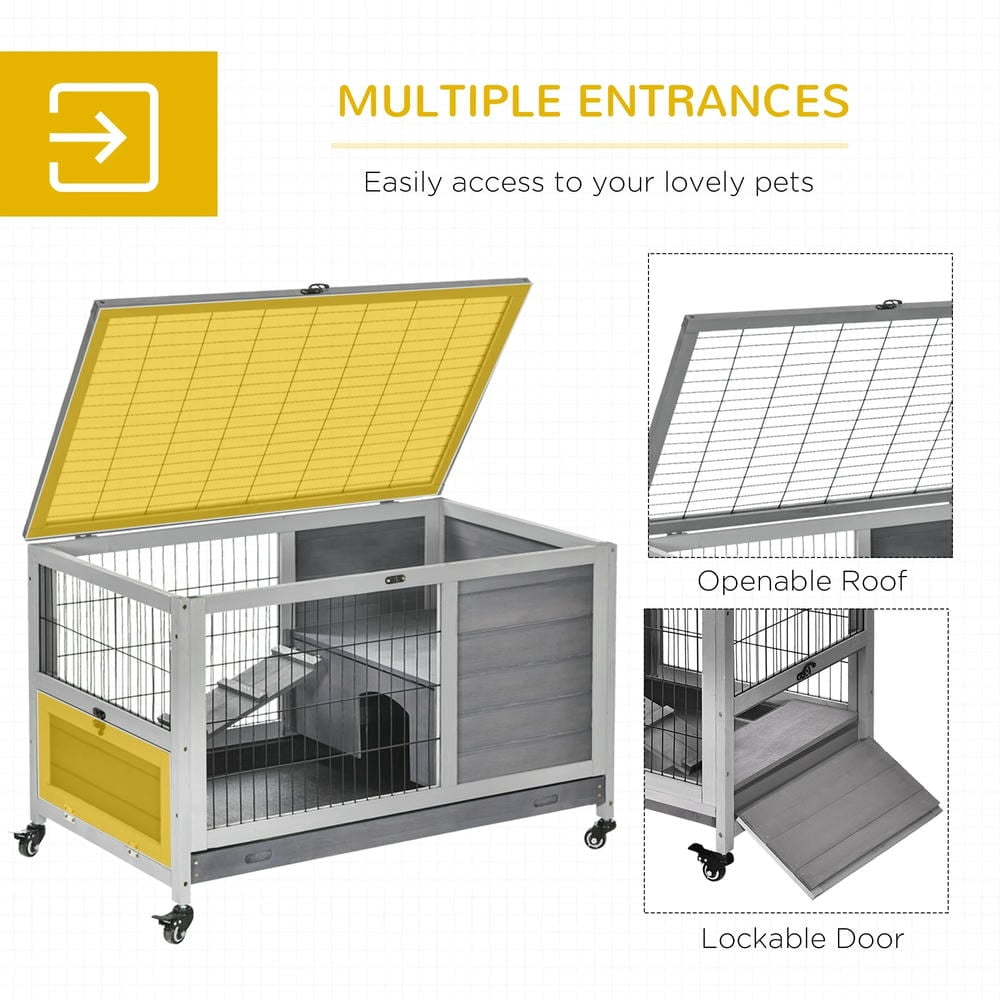 Spaco Indoor Rabbit Enclosure, Wooden Elevated Cage Habitat with Enclosed Run with Wheels for Rabbits and Guinea Pigs, Gray