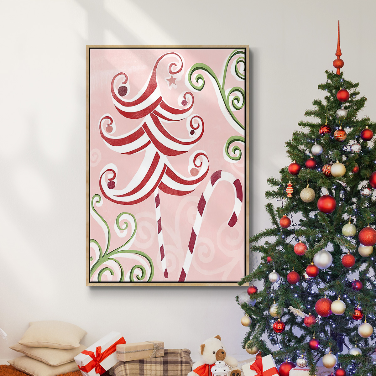 Candy Cane Holiday I - Framed Gallery Wrapped Holiday Canvas - 27 x 41 - Natural Wood Frame