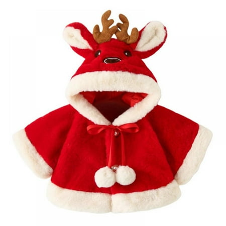 

Baozhu 3-24M Baby Girls Cartoon Poncho Cape Elk Horn Hooded Cloak Pompom Kids Fleece Jacket Coat Toddler Christmas Outfits Outwear (Red)