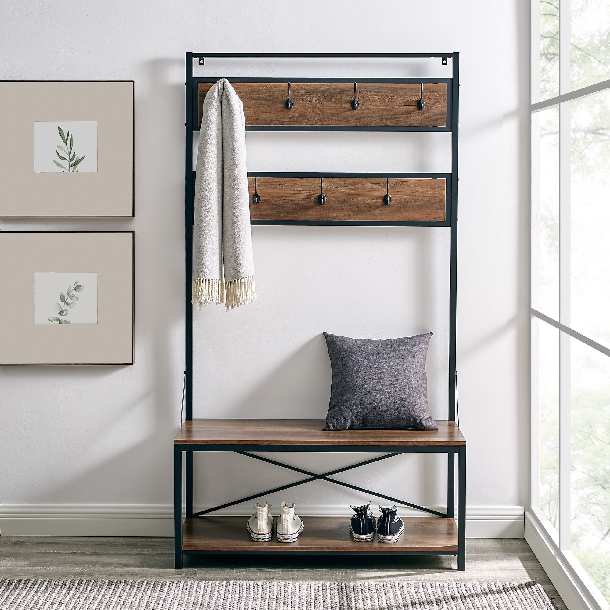 Woven Paths Industrial Hall Tree with Bench and Coat Hooks, Reclaimed Barnwood