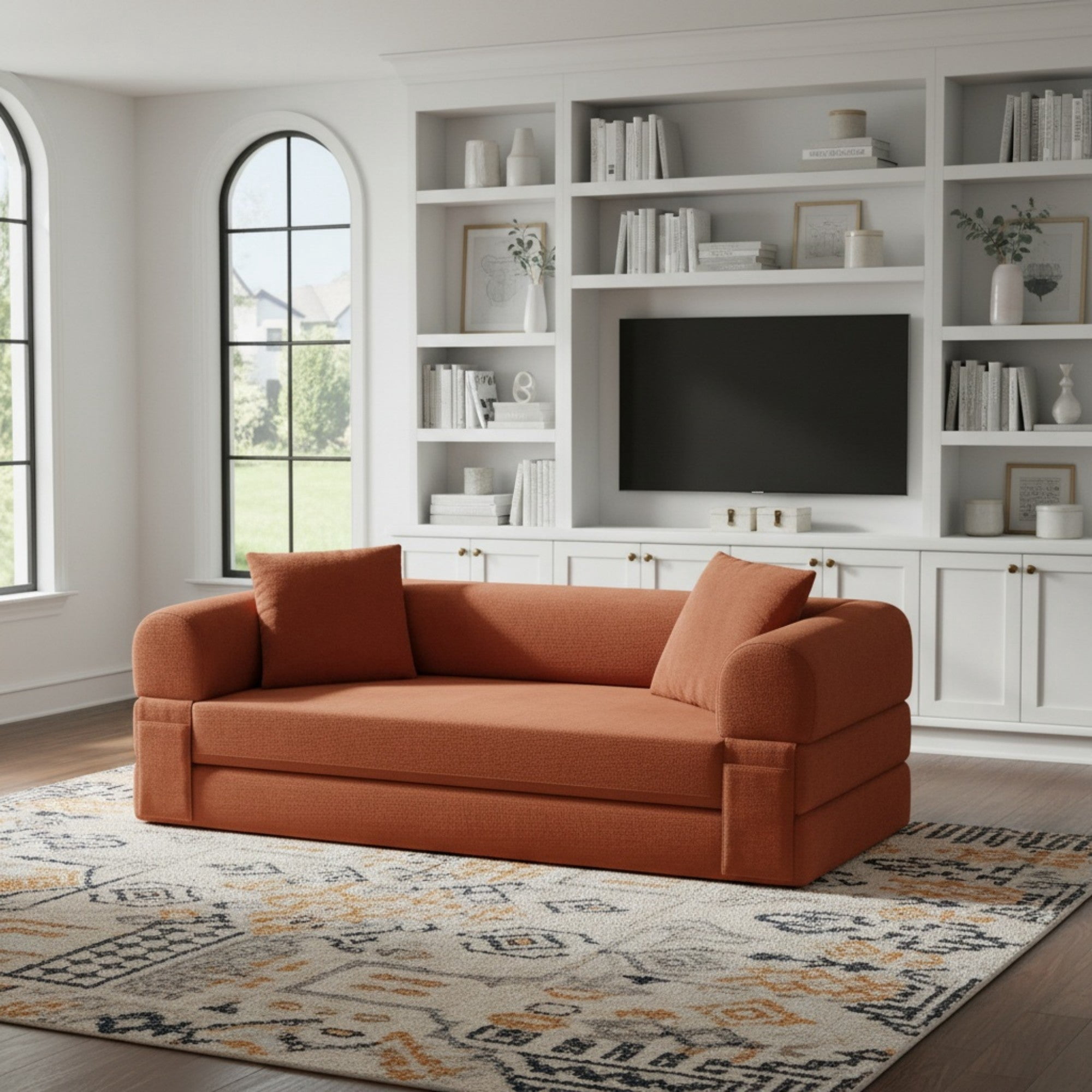 Sailvan 80 Inch Convertible Sofa Bed Queen Size Corduroy Sleeper Couch Boneless Floor Sofa with Storage Pockets No Assembly Couch in a Box Orange