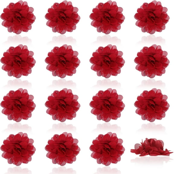 16 pc 16 Pcs Chiffon Flower Rose Red Fabric Flowers Flat Back Sewing Fabric Appliques for Clothing Craft Women DIY Headband Decorative Wedding Flowers 2.95×1.14 Inch
