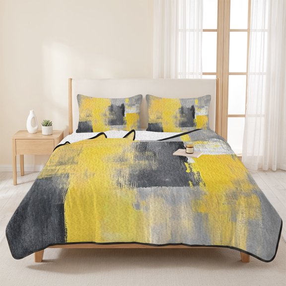 3 Pieces Queen Quilt Set,Abstract Gradient Yellow Grey Art Soft Bedding Sets with 1 Quilt & 2 Pillow Shams,Watercolor Modern Artwork Summer Bedspread Lightweight Coverlet Comforter for All Season