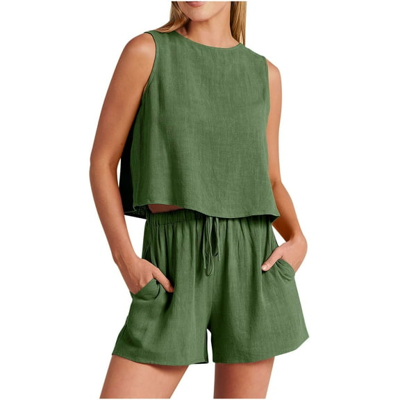 REORIAFEE Womens Casual Summer 2 Piece Outfits Disco Outfits 2PC Fashion Women Round Neck Sleeveless Blouse Loose Cotton Linen Pockets Pants Short Sets Army Green S