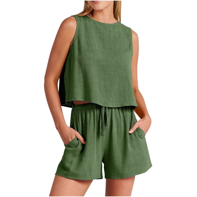 Tenues d'Été en Lin pour Femmes 2 Pcs Débardeurs Sans Manches Col Rond avec Shorts Amples à Cordon Ensembles de Pyjamas de Détente pour Dames