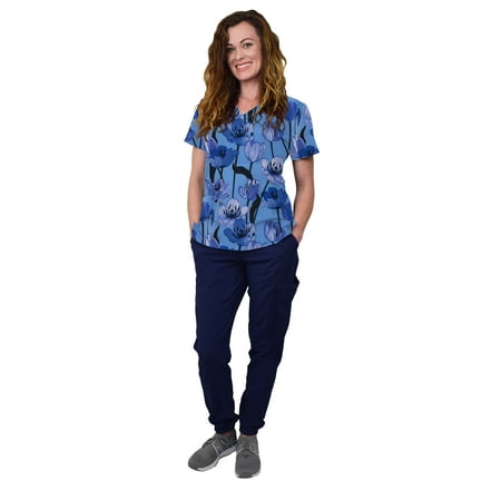 

Womens Medical Nursing Scrub Set GT 4FLEX Print Top and Jogger Pant-Tulips/Navy Pant-XX-Large