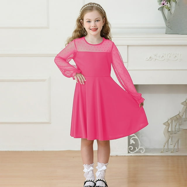 Robe Fille Ado à Manches Longues, Ligne A, à Étages, Évasée, Robes Soleil, Robe Chic, Robe Rose pour Filles, Robes Chics pour Filles