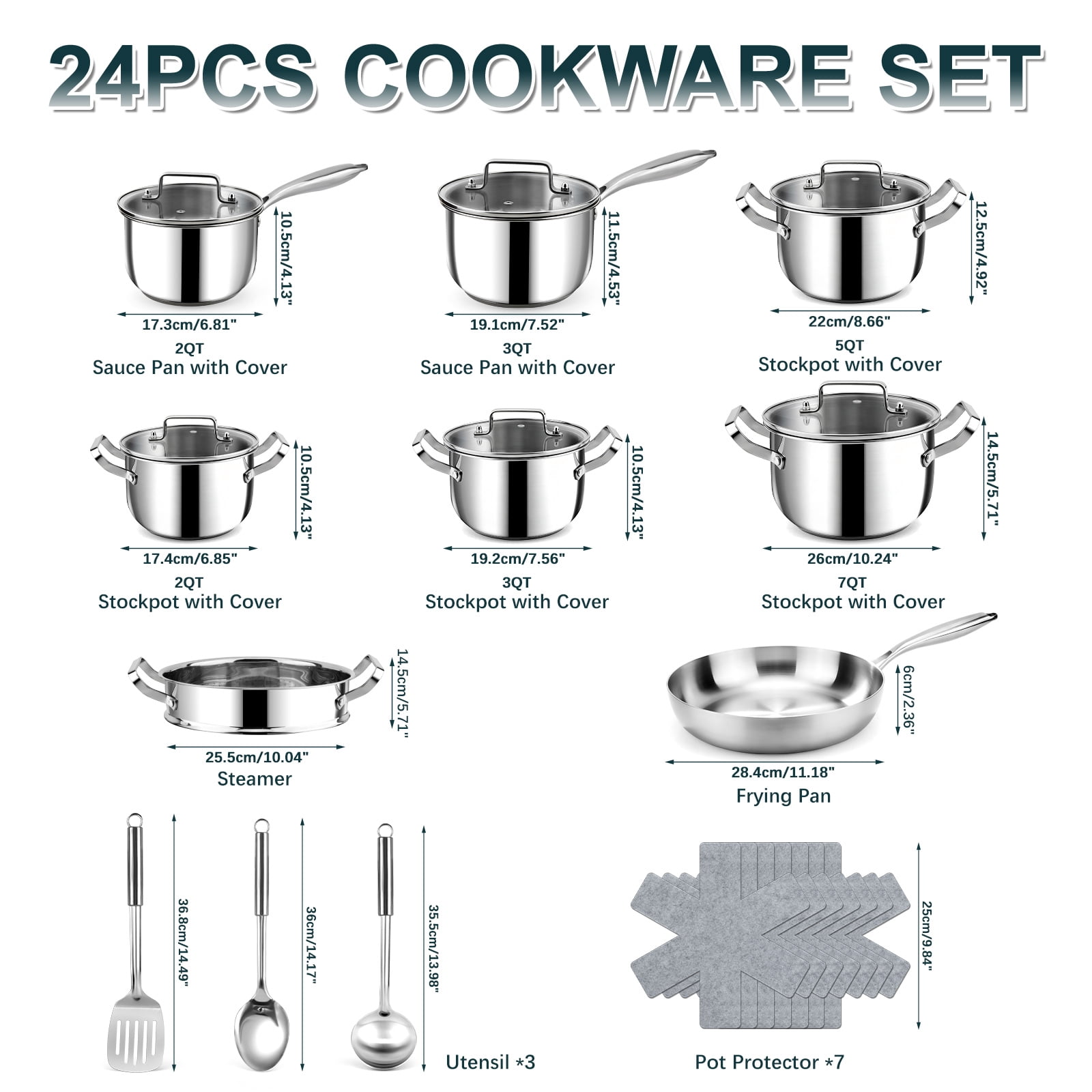 Bestdin 24-Piece Triple Ply Stainless Steel Cookware Set – Induction Ready, Mirror Polished, Dishwasher Safe, Premium Non-Toxic Kitchen Set for Family Cooking