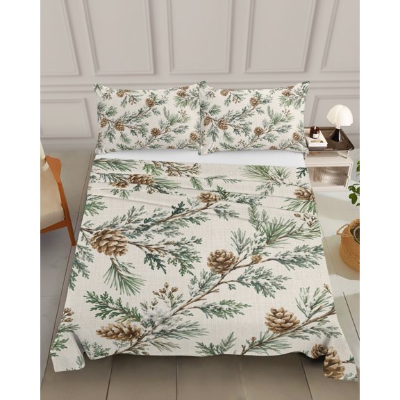 Bedding Flat Sheet- Hotel Quality Queen Top Sheet - Christmas Pinecone Pine Needle Soft Breathable Microfiber Fabric Bed Top Sheet 1 Flat Sheet Only, Tree Branch on Burlap