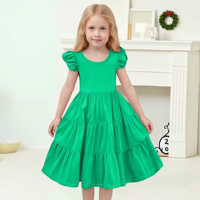 WENXIAOO Robe Fille Enfant Robe Mignonne Filles Manches à Volants Robe Évasée à Volants Robe d'Anniversaire pour Filles Robe de Princesse 8-9 Ans