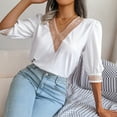 thumbnail image 4 of Moda mujer Casual encaje Patchwork cuello pico 1/2 manga temperamental suelta camiseta verano blusa Tops Pompotops  hkajfhjk472141, 4 of 8